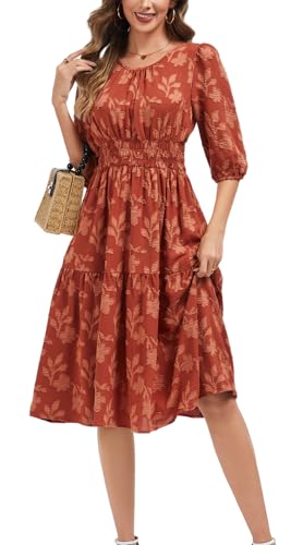 Image of Kormei Women Casual Boho Floral Round Neck 3 /4 Sleeve Smocked Waist Tiered A Line Flowy Swing Midi Dress Long Dresses
