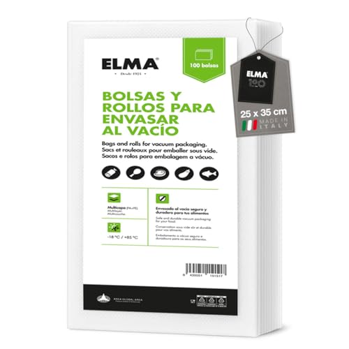 Sacs sous Vide Alimentaire, Sac Sous Vide Gaufré pour Tout Type d'appareil de Mise Sous Vide | Système Gaufré, Multicouche, Sans BPA, Fabrication Italienne, 100 Sachets, 25 x 35 cm