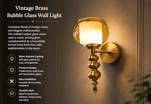 Image of Modern Brass Wall Light with Golden and White Double Glass Shade, Golden Finish, Vintage Wall Sconce Ideal for Bedroom, Living Room, Hallway, Home Decor with Tri-Colour Bulb