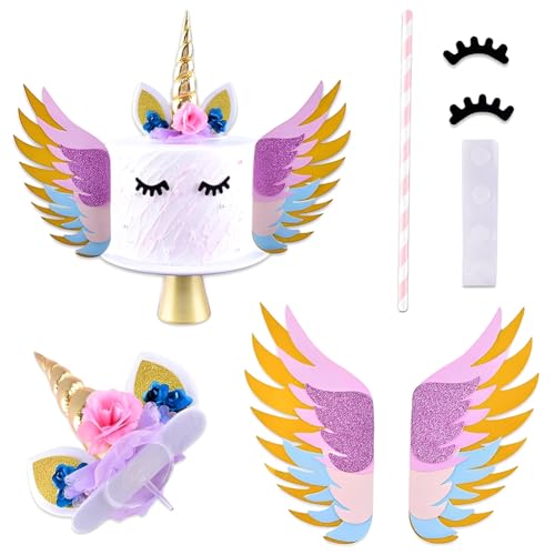 CRTLNYH Decoración para Tartas de Unicornio,decoración 3D de unicornio, Cake Topper Para Tartas de Cumpleaños Con Bonitos Cuernos de Unicornio, Orejas Y Pestañas para Decoraciones