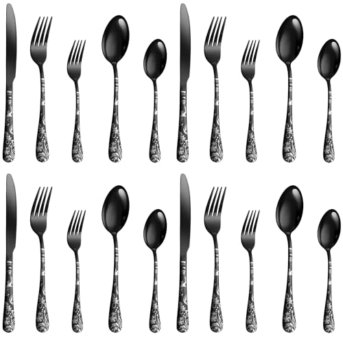 Image of aDai Matte Black Silverware Set | Satin Finish 20-Piece Flatware Set with Unique Floral Printed Handle | Dishwasher Safe Stainless Steel Cutlery for Home, Restaurant & Gifting