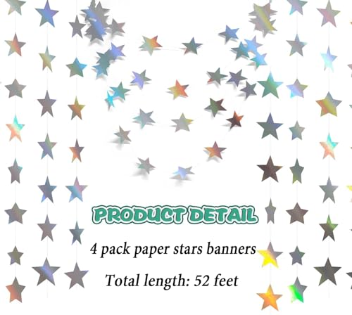 Image of 4-Pack Star Garland, Iridescent Star Garland Banner, 52 Feet Twinkle Twinkle Little Star Decorations for Christmas,4 inchx13ft Each,Holiday Party Hanging Decor,Birthday Decorations,Graduation Decorations