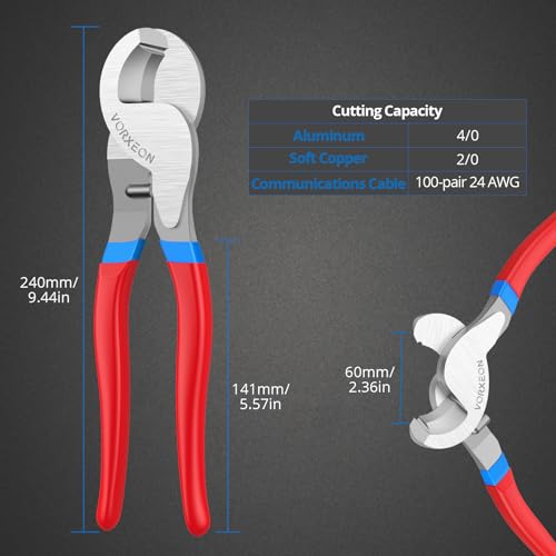 VORXEON 10-Inch Red Cable Cutter Heavy Duty High Leverage Electrical Wire Cutter for Electricians and DIY Use Sharp Blade for Aluminum, Copper and Communication Cables by VORXEON - Image 2