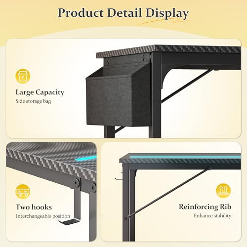DurayLoly 40 Inch Computer Desk with LED Lights for Small Spaces, Office Desk for Home Office, Study Desk Writing Table with Storage Bag, Headphone Hook, Black