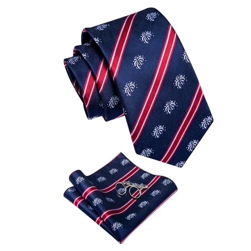 Image of YourTies American Flag Ties for Men Woven Silk Blue Striped Necktie with Handkerchief Cufflinks Set Formal Business