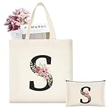 ABOHU Bolso inicial personalizado de tela inicial para mujer, Alfabeto Bolso de Cosméticos, bolso de Mujer con Inicial y Flores Bolsa de Compras con Bolsillo Interior, Damas Amigas Mamá Regalo(S)