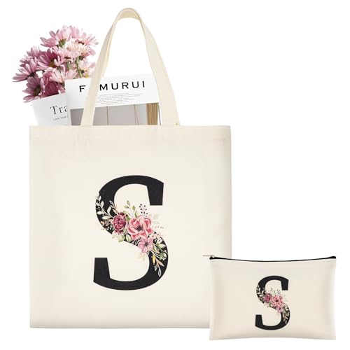 ABOHU Initial Canvas Tote Bag Personalized Present Bag with Floral Makeup Bag Premium Cotton Tote Bags for Wedding Birthday Beach Holiday Great Gift for Women Mom Teacher Friends Bridesmaids