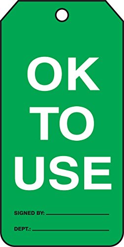 Accuform TRM108CTP Accuform PF-Cardstock Mini Tag, Legend "OK to Use", 4-1/4" Length x 2-1/8" Width x 0.010" Thickness, Black/White On Green (Pack of 25)