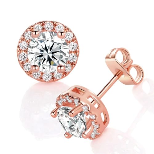MDFUN Halo Earrings 18K Rose Gold Plated Round 6.0mm Cubic Zirconia Halo Stud Earrings Hypoallergenic Ears Jewelry for Women Men