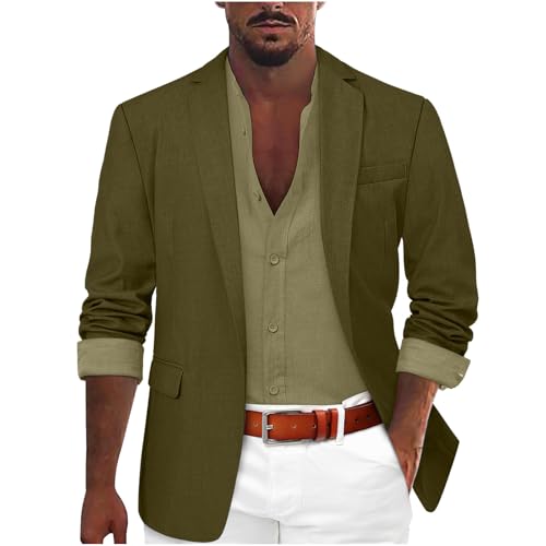 Men's Business Casual Linen Blazer Suit 1 Button Lightweight Sports Coats Solid Fashion Office Work Jacket Suits