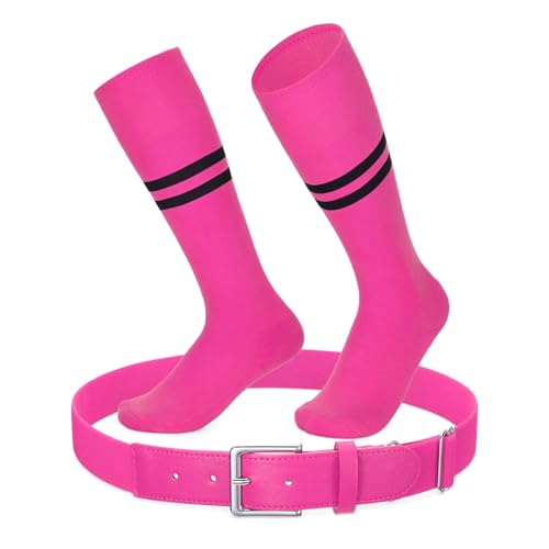 XZQTIVE Baseball Socks and Belt Combo Set - Adjustable Elastic Softball Belts and Socks for Youth Boys Grils and Adult, Pink, Youth