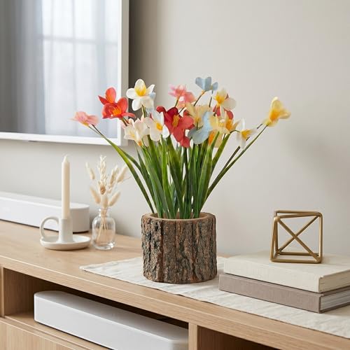 Image of Dekorly Artificial Grass Lily Flower with Real Wooden Vase (28CM Overall Height) | Decorative Lifelike Faux Floral Plant in Rustic Tree Log Pot for Living Room (Grass Lily)