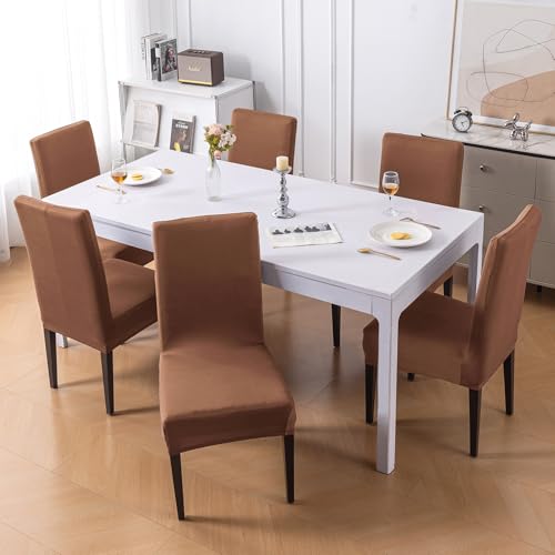 Image of HOKIPO 'SereneSolids' 140 GSM Stretchable Dining Chair Cover - Set of 6, Brown (AR-6246-BR)