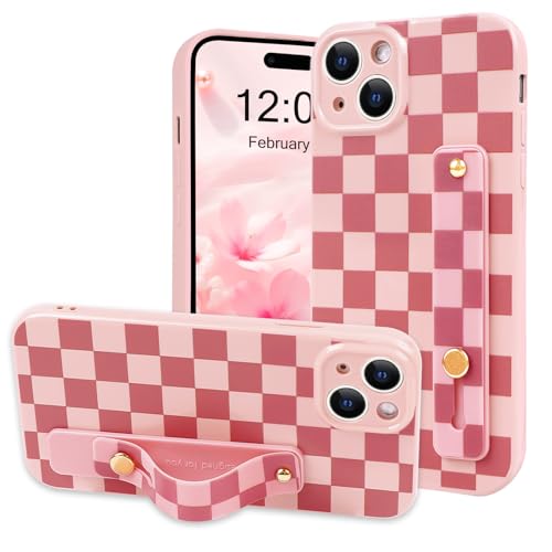 NITITOP Compatible with iPhone 15 Plus Case with Wrist Strap Kickstand Cute Trendy Checkerboard Plaid for Women Girls Slim Fit TPU Silicone Shockproof Full Camera Protective Cover - Pink by NITITOP - Used condition - US$5.97