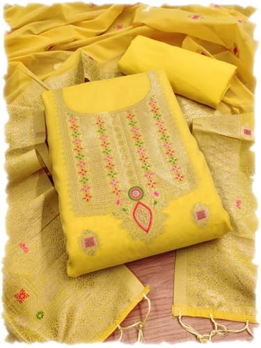 Image of Chanderi Suit Vol 5 | Pure Chanderi Banarasi Silk (3m) | Soft Cotton Bottom (2.5m) | Woven Chanderi Banarasi Silk Dupatta (2.3m) with Tassels, Unstitched Material, Fits up to 60 inch, Length 48