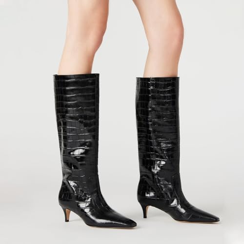 Yishaweiqi Stone Pattern Knee High Boots for Women Kitten Heel Square Toe Fashion Fall Boots Calf High Boots Tall Boots Long Boots2