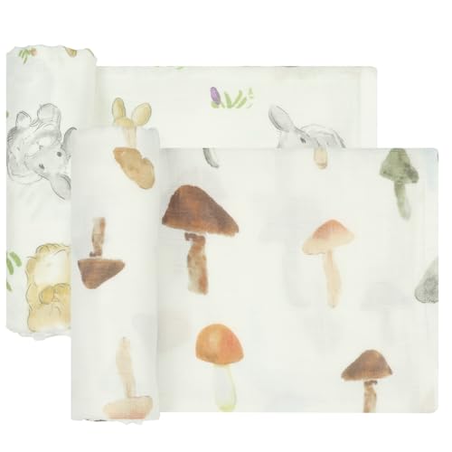 Image of BabyWhale Muslin Swaddle Blankets Neutral, Baby Swaddling Wrap Nursery Blanket for Boys & Girls Neutral, Soft 70% Viscose from Bamboo and 30% Cotton, Large 47 x 47 inches, Mushroom & Rabbit Pattern