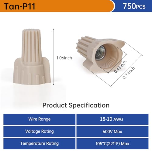 Lenporl 750PCS Tan Wire Nuts Connectors P11 Twist Wire Caps Electrical Wire Connectors, Winged Springs Screw Terminals Wire Nuts Tan Assortment Kit for Wire Connection