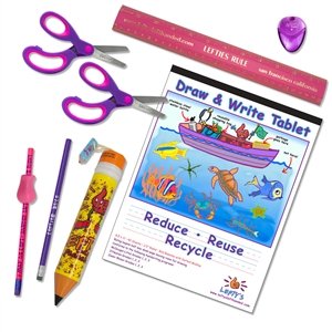 Left-Handed School Supplies (Scissors, Pencils, Ruler and More) for Kids Under 8, 9 Pc Set; Pink/Purple