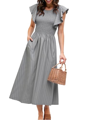 Image of Simplee Womens Striped Midi Summer Dress Linen Smocked Flutter Short Sleeve Dress Flowy Casual Dress with Pockets