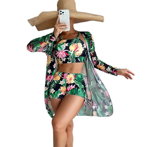 Maillot de bain 3 pièces floral avec kimono long pour femme
