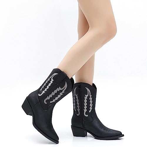 Image of GLOBALWIN Women's Square Toe Cowgirl Boots Classic Mid-Calf Cowboy Boots With Embroidered Stitching Low Heel Comfortable Western Boots For Country Outfits