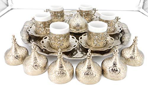 Silver color Set of 6 coffee cups with metal saucer, cup holder & tray/Moroccan drink ware/Home decorative