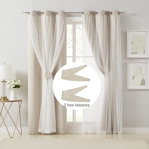 Image of Bujasso Beige 80% Blackout Curtains with Sheer Overlay Mix and Match Double Layer Thermal Insulated Window Panels 102 inch for Living Room Bedroom Beige Drapes with Tiebacks Grommet Top 54 inch Wx102 Lx2