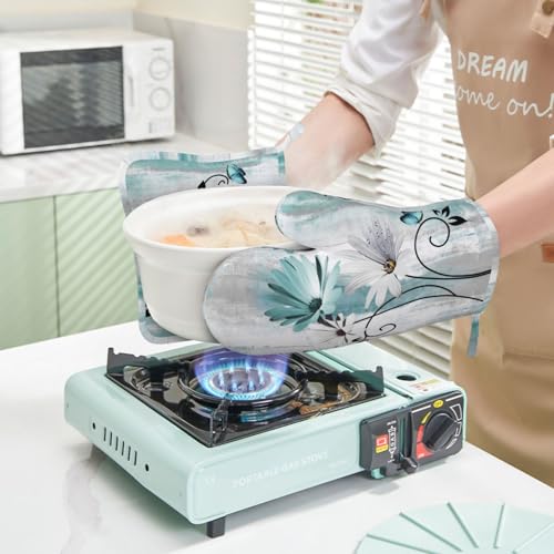 LONSANT Teal Daisy Oven Mitts Pot Holders Set Silicone Heat Resistant Farm Teal Daisy Floral Flowers and Butterfly Oven Mitts and Hot Pads Potholders Non-Slip Oven Gloves for BBQ by LONSANT - Used condition - Image 6