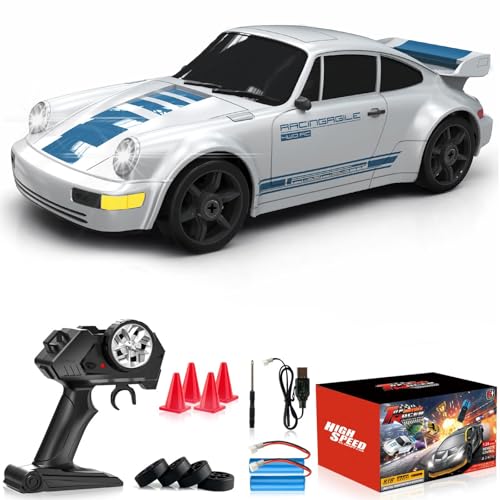 LFOLUSU Remote Control Car RC Drift Car 2.4GHz 1:24 4WD 15KM/H High Speed Racing Sport Car with LED Lights Drifting Tire Racing Sport Toy for Adults Boys Girls Kids Gift 2Pcs Rechargeable Batteries
