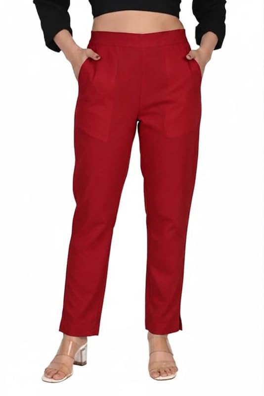 Image of Solid Cotton Woman Trousers Pants Regular Fit Kurti Pant with Drawstring Daily Office Formal Casual Use