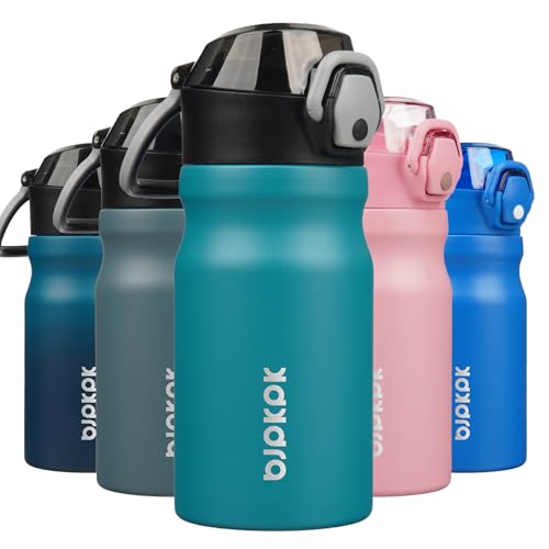 Image of BJPKPK 14 oz Insulated Water Bottle, Straw, Handle, Stainless Steel Flask | Leak Proof Locking Lid, Double Wall Vacuum, Keeps Hot /Cold, BPA Free, Dishwasher Safe, Travel & Sports, Laguna
