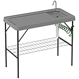 Outsunny Folding Fish Cleaning Table with Sink, Portable Camping Sink Station with Faucet, Drainage Hose, Sprayer and Grid Rack, Outdoor Fillet Table for Picnic Beach Patio, Gray