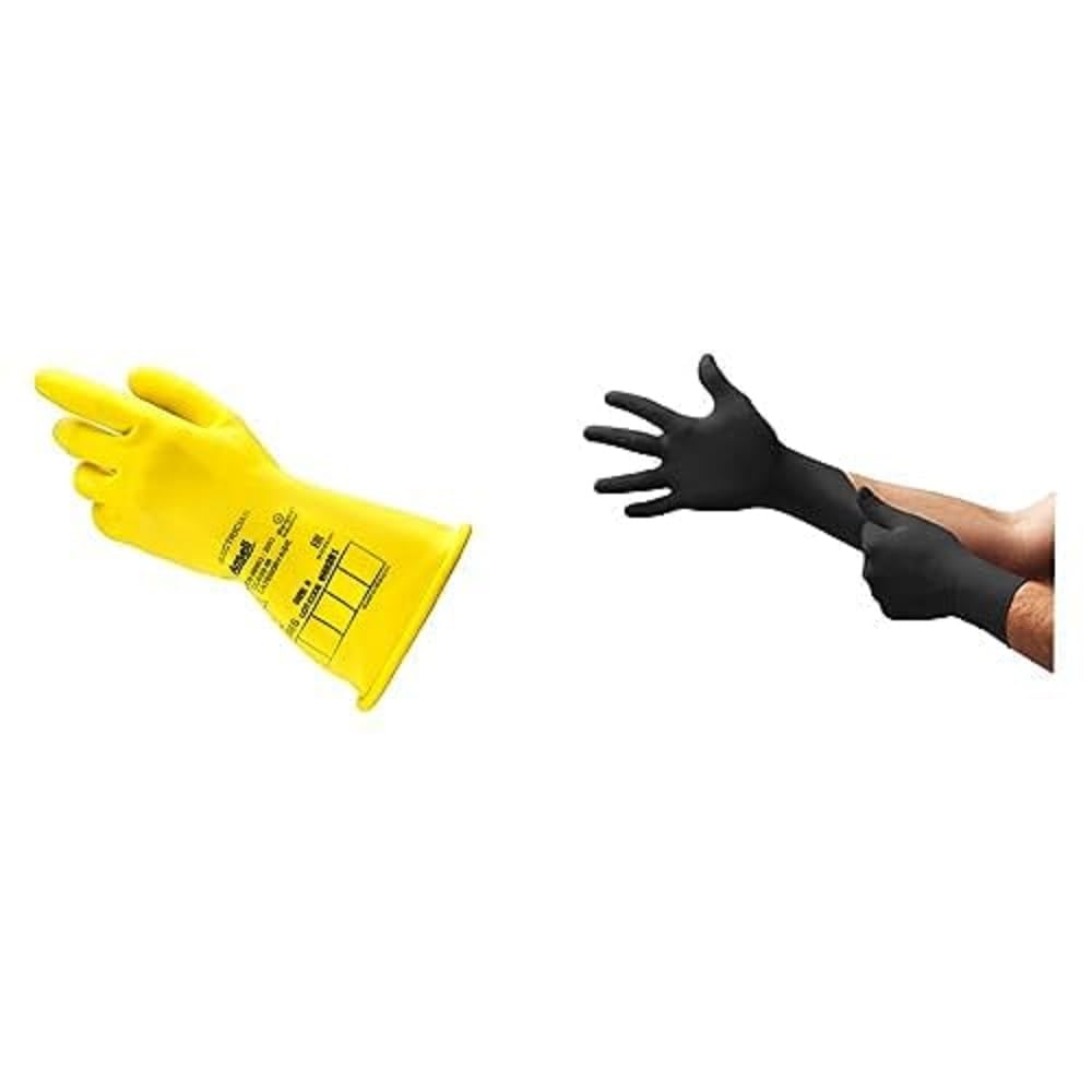 ActivArmr E014Y Guantes Aislantes Dieléctricos, Class 0 (Tensión 1000V), Talla XL (1 Par) + MicroFlex 93-852 Guantes Desechables de Nitrilo, Sin Polvo, Protección Química,Negro, Talla XL (100 Guantes)
