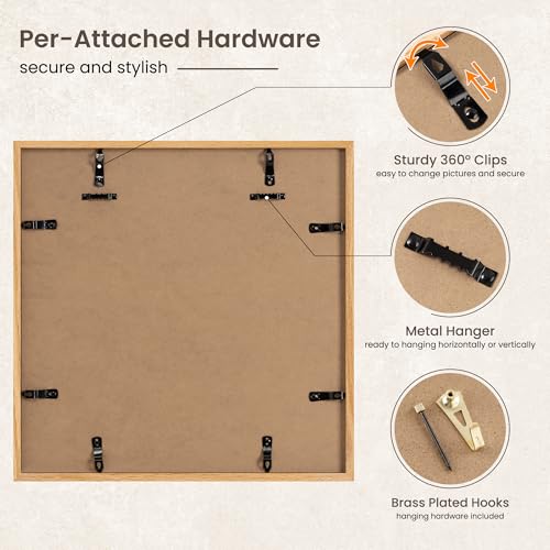 Image of FLYJOE 16x16 Oak Wood Square Picture Frame with Mat for 12x12, 16 by 16 USA-Sourced Natural Solid Wooden Photo Frame for Wall Display, Tempered Real Glass, Hanging Hardware Included, 3 Pack, Natural
