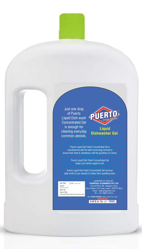 Image of Puerto Dishwash Gel Refill Can, (Lemon) - 2 Ltr (Pack of 1) Refill| Leaves No Residue and foul smell| Grease Cleaner For All Utensils |Super Saver Pack