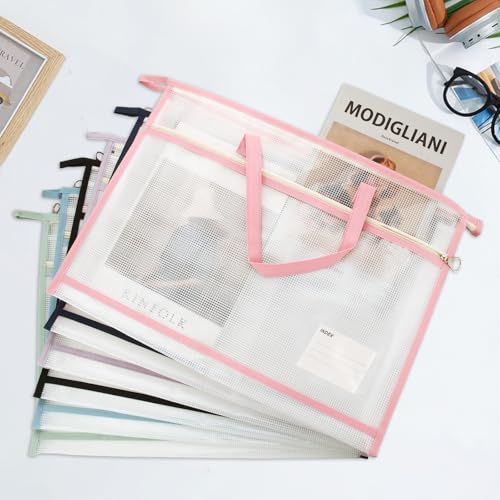 Image of 6 Pack A3 Size Project Bags for Quilting, Sewing Project Bag with Zipper, Quilting Craft Organizer Storage Bags with Handle and Pocket, Clear Mesh Sewing Bags Organizer for Artworks Crafts