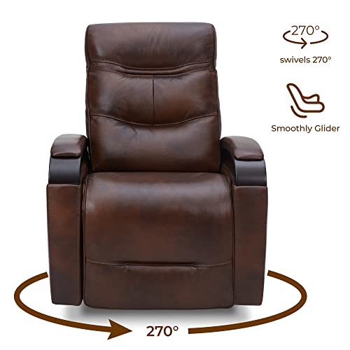 Chita Genuine Leather Power Swivel Glider Rocker Recliner, Usb Charge Power Headrest Wooden Contrast Armrest Double Layer Backrest Recliner Chair Sofa For Living Room And Nursery-Cognac #TOP4