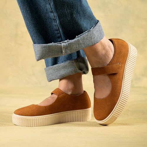 Image of Theater Women Maru Mary Jane Platform Shoes with Adjustable Strap | Soft Suede Finish | Cushioned Support for Casual & Smart Styling