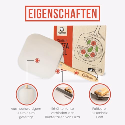Foto von Chef Pomodoro Pizzaschieber mit einklappbarem Holzgriff, 30,5 x 35,6 cm - Hochwertige Pizzaschaufel aus Aluminium - Gourmet Pizzaheber für hausgemachte Pizzen, Backen, Brot - Pizza Zubehör