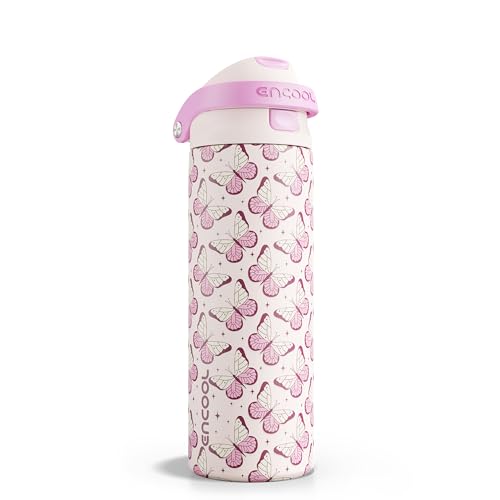 Image of ENCOOL Leakproof Insulated Water Bottle with Straw Dual-Sip Water Bottle Bag-Safe Design for Work, Commute & Gym - Keeps Drinks Cold All Day, 24 oz, Blush Butterfly