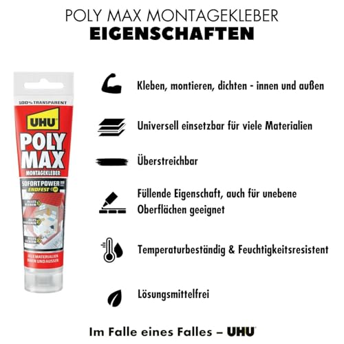 UHU POLY MAX Montagekleber 10 SEK SOFORT POWER Tube, Universeller, glasklarer Montagekleber und Dichtungsmasse mit hoher Anfangshaftung und schnellem Festigkeitszuwachs. transparent 115g.