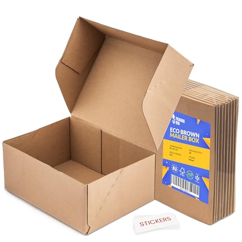 Packaging Hero Caixas de correio de papelão ondulado de 8 x 6 x 3 polegadas, caixas de postal de embalagens pequenas, caixas de e-commerce com decalques redondos transparentes (embalagem de 10)