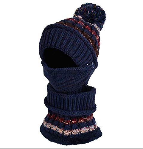 3 In 1 Winter Knitted Beanie Hat Scarf Mouth Face Warmer Set For Women Girls, Thermal Fleece Lined Ski Caps With Pompom Neck Warmer (Fashion Navy Blue) #TOP4