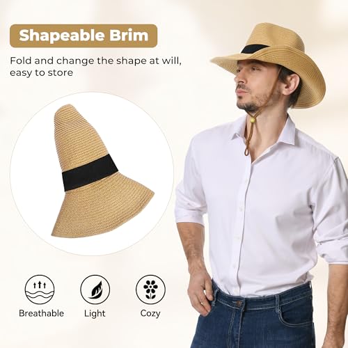 Image of Straw Cowboy Hat for Men Women Western Cowgirl Hats with Shapeable Wide Brim for Beach Sun Summer