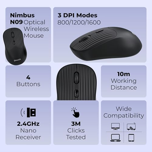 Image of Geonix Nimbus 09 Optical Wireless Mouse | Dual Mode (2.4GHz + BT), High Precision Tracking, 3 DPI Modes, 10m Range, Cutting Edge Ergonomic Design (Black)