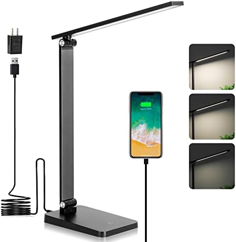 Desk Lamp, LED Desk Lamp, Desk Lamp for Home Office, 3 Levels Dimmable Desk Light, Desk Lamp with USB Charging Port, Office Lamp, Small Desk Lamps, Study Lamp, Reading Light, Table Lamp, Black, 5000K