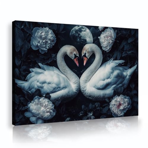 Toile cygnes blancs et pivoines en fleurs, affiche nuit étoilée rétro pour déco murale élégante