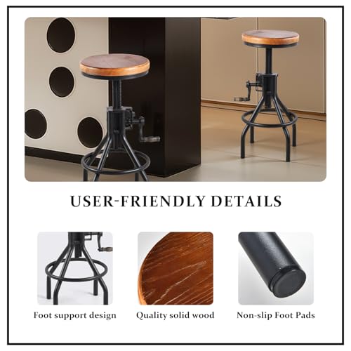 Butaco industrial de estilo granja con asiento de madera, altura ajustable y manija, para cocina o bar, negro, juego de 2 miniatura 5
