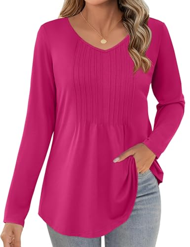 JUSTFASHIONNOW Long Sleeve Tops for Women Winter Shirts V Neck Trendy Casual Tunic Ladies Pleated Blouse Business Dressy Outfits Tops for Leggings (Rose Red, Small) — view 3